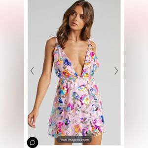 NWT  - SHOWPO Garden of Eden plunge neck embellished mini dress in baby pink